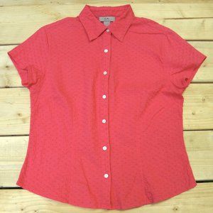 100% Cotton 8P/M Embroidered Eyelet Lace Button-Down Tailored Blouse i.e. petite